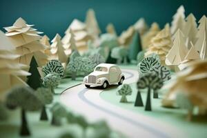 Paper art car on the road.Generative Ai. photo