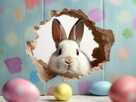 Conejo asoma fuera agujero en el blanco pared con vistoso Pascua de Resurrección huevo.generativo ai. foto
