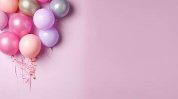 Pastel pink background with colorful balloons,copy space,birthday or party greeting card.Generative Ai. photo