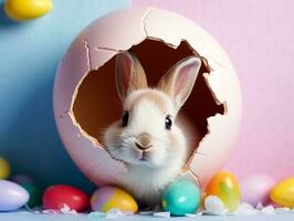 Rabbit peeks out hole in the white wall with colorful easter egg.Generative Ai. photo