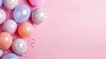 Pastel pink background with colorful balloons,copy space,birthday or party greeting card.Generative Ai. photo