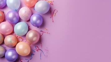 Pastel pink background with colorful balloons,copy space,birthday or party greeting card.Generative Ai. photo