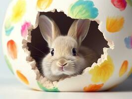 Rabbit peeks out hole in the white wall with colorful easter egg.Generative Ai. photo