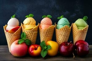 Set of fruit orange apple mango lime ice cream ball packs in waffle cones with ice cream ingredients.Generative Ai. photo