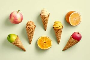 Set of fruit orange apple mango lime ice cream ball packs in waffle cones with ice cream ingredients.Generative Ai. photo