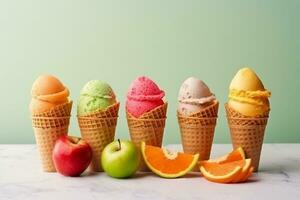 Set of fruit orange apple mango lime ice cream ball packs in waffle cones with ice cream ingredients.Generative Ai. photo