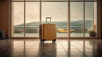 Traveling luggage in airport terminal with passenger plane flying station.Generative Ai. photo