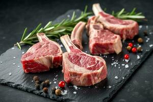 Fresh raw lamb chops on black stone background.Generative Ai. photo