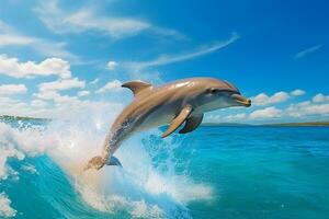 Dolphin leaping jumping on seas and wave sea with blue sky.Generative Ai. photo