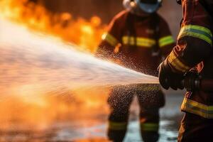 Firefighters use fire extinguishers and spray water.Generative Ai. photo