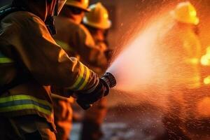 bomberos utilizar fuego extintores y rociar agua.generativa ai. foto