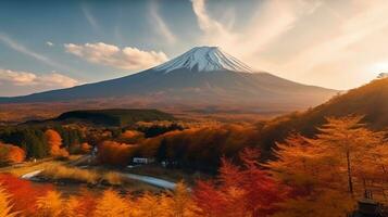 Colorful autumn leaf spring with fuji mountain background.Generative Ai. photo