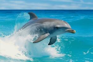 Dolphin leaping jumping on seas and wave sea with blue sky.Generative Ai. photo