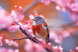 Beautiful bird on branch sakura.Generative Ai. photo