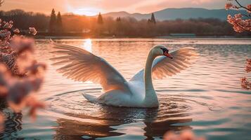 Swan spreading wings in the river with fuji mountain background.Generative Ai. photo