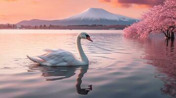 Swan spreading wings in the river with fuji mountain background.Generative Ai. photo