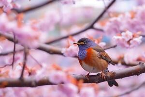 Beautiful bird on branch sakura.Generative Ai. photo