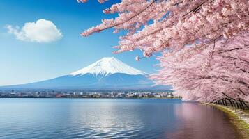 Cherry blossoms with fuji mountain background.Generative Ai. photo