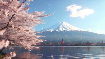 Cherry blossoms with fuji mountain background.Generative Ai. photo