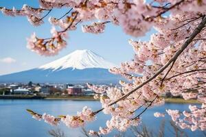 Cherry blossoms with fuji mountain background.Generative Ai. photo