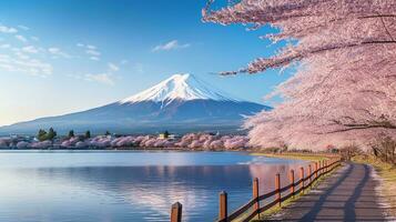 Cherry blossoms with fuji mountain background.Generative Ai. photo