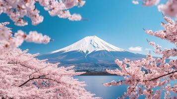 Cherry blossoms with fuji mountain background.Generative Ai. photo