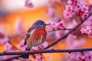 Beautiful bird on branch sakura.Generative Ai. photo