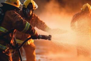 Firefighters use fire extinguishers and spray water.Generative Ai. photo