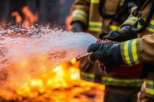 Firefighters use fire extinguishers and spray water.Generative Ai. photo