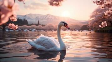 Swan spreading wings in the river with fuji mountain background.Generative Ai. photo