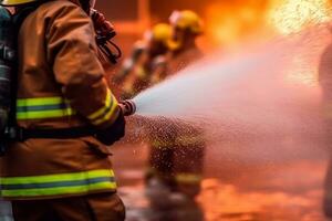 Firefighters use fire extinguishers and spray water.Generative Ai. photo