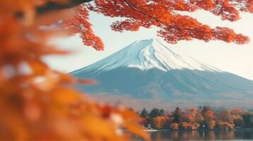 Colorful autumn leaf spring with fuji mountain background.Generative Ai. photo