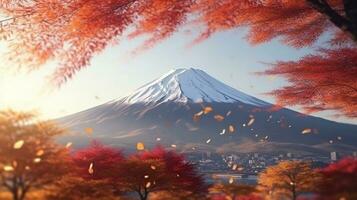 Colorful autumn leaf spring with fuji mountain background.Generative Ai. photo