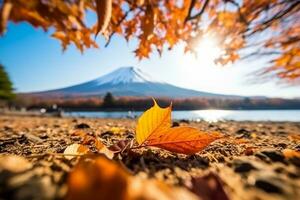 Colorful autumn leaf spring with fuji mountain background.Generative Ai. photo