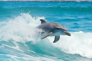 delfín saltando saltando en mares y ola mar con azul cielo.generativo ai. foto
