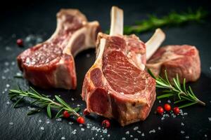 Fresh raw lamb chops on black stone background.Generative Ai. photo