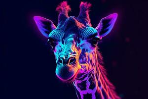 Giraffe colorful neon light.Generative Ai. photo