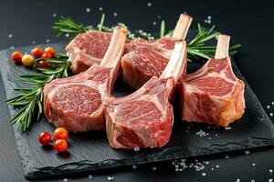 Fresh raw lamb chops on black stone background.Generative Ai. photo