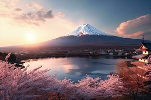 Cherry blossoms with fuji mountain background.Generative Ai. photo