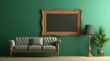 Wooden frame on the wall of the room green background.Generative Ai. photo