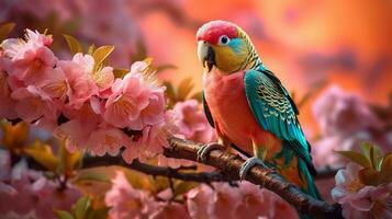 Beautiful parrot on a branch with pink flowers.Generative Ai. photo