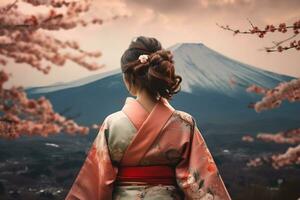 mujer vistiendo un kimono con Cereza flores y fuji montaña.generativa ai. foto