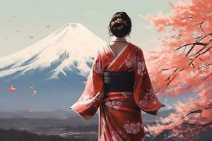 mujer vistiendo un kimono con Cereza flores y fuji montaña.generativa ai. foto