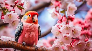 Beautiful parrot on a branch with pink flowers.Generative Ai. photo