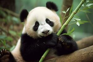 Panda eating bamboo on a tree branch.Generative Ai. photo