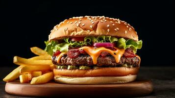 American beef cheeseburger with fries on wooden background.Generative Ai. photo