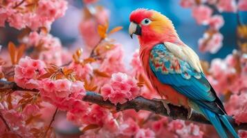 Beautiful parrot on a branch with pink flowers.Generative Ai. photo