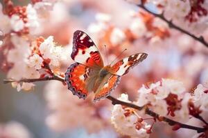 hermosa mariposa en sakura rama.generativa ai. foto