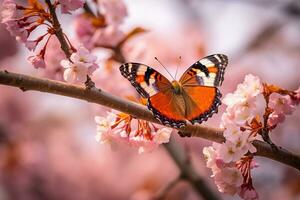 Beautiful butterfly on sakura branch.Generative Ai. photo