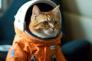 Orange cat wearing an astronaut suit.Generative Ai. photo